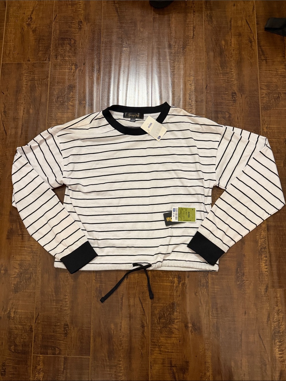 Striped Long-Sleeve Drawstring Tee - Black & White